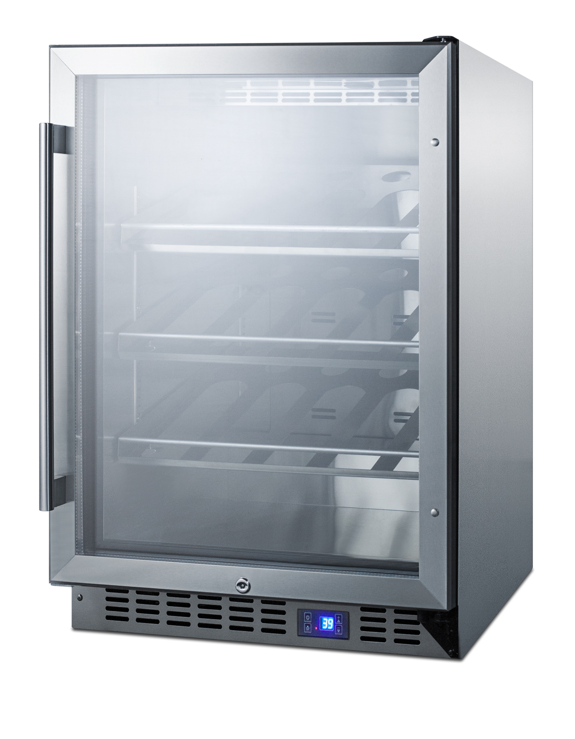 Built-in outdoor commercially listed wine cellar with stainless steel interior, champagne shelving, digital controls, and stainless steel cabinet